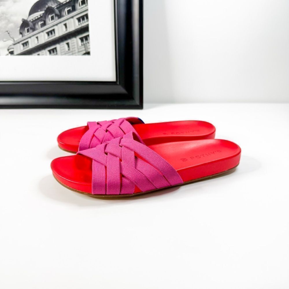 Rothy’s Women's Crossover Woven Cherry Red & Pink Slide Sandals Size 6